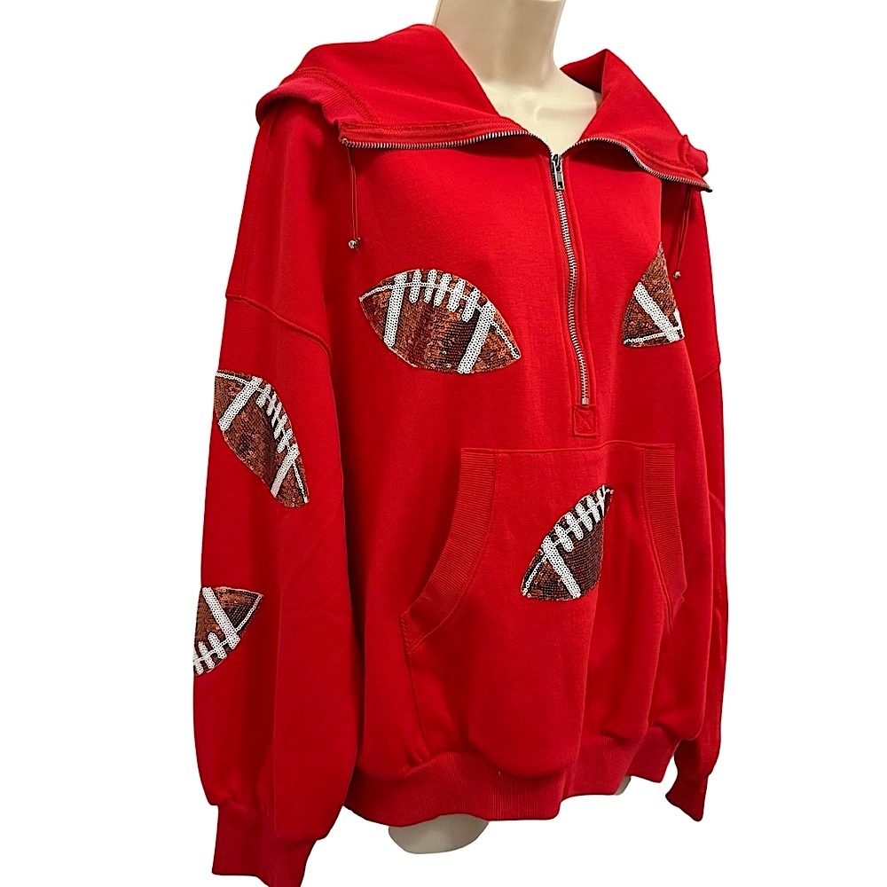 Sundayup Red Oversized 1/4 Zip Large Football Sequin Embellished Pullover NWT M